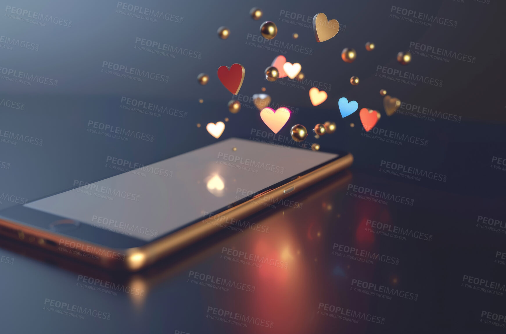 Buy stock photo Smartphone, digital or mobile with icons and emojis for social media marketing, dating or networking. Closeup, cellphone and blank screen mockup space for apps, content creation or application design