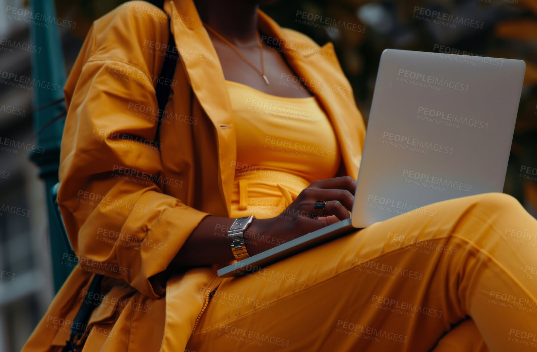 Buy stock photo Laptop, hand and person typing an email or message for social media marketing, business or networking. Closeup, computer and video call with friends or colleagues for content creation and research