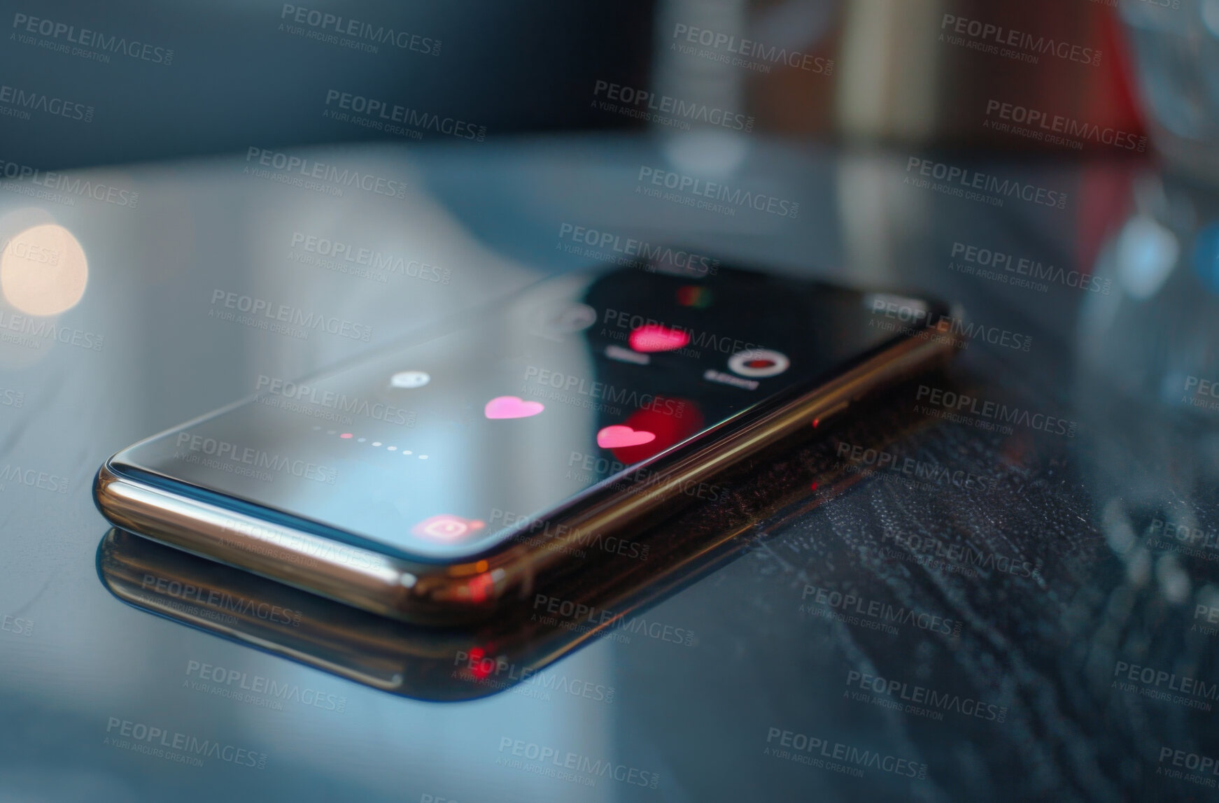 Buy stock photo Smartphone, digital or mobile with icons and emojis for social media marketing, dating or networking. Closeup, cellphone and blank screen mockup space for apps, content creation or application design
