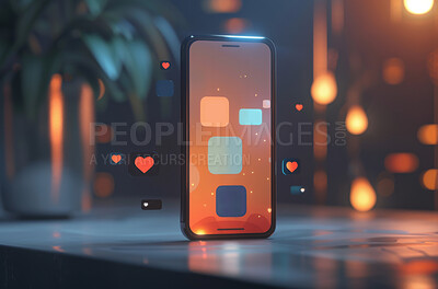 Smartphone, digital or mobile with icons and emojis for social media marketing, dating or networking. Closeup, cellphone and blank screen mockup space for apps, content creation or application design