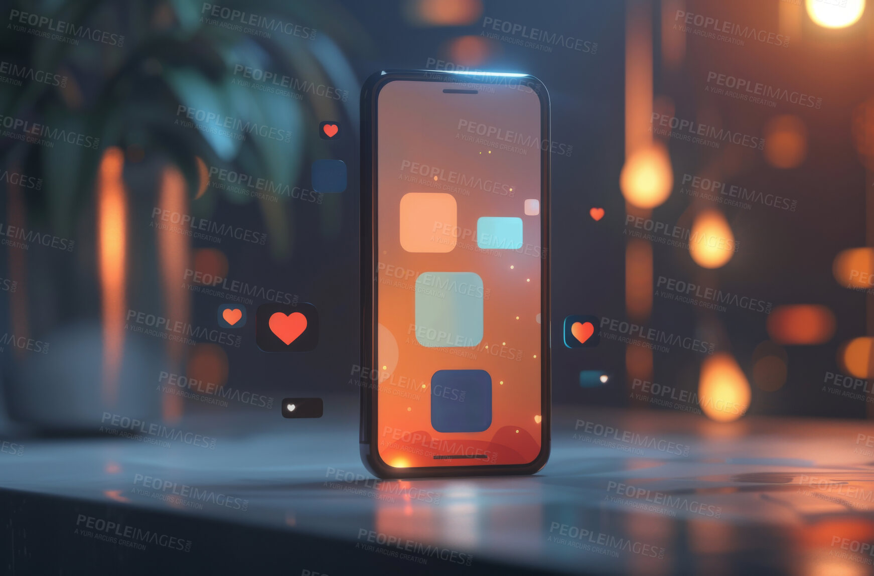 Buy stock photo Smartphone, digital or mobile with icons and emojis for social media marketing, dating or networking. Closeup, cellphone and blank screen mockup space for apps, content creation or application design