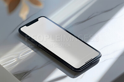 Smartphone, digital phone or mobile on an office table for social media marketing, business or networking. Closeup, cellphone and blank screen mockup space for apps, content creation and research