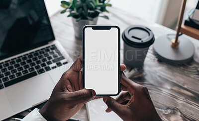 Smartphone, hand and person typing an email or message for social media marketing, business or networking. Closeup, cellphone and blank screen mockup space for apps, content creation and research