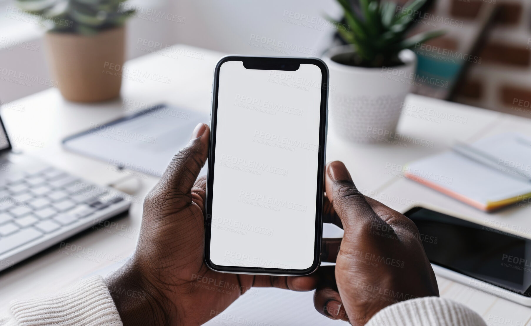 Buy stock photo Smartphone, hand and person typing an email or message for social media marketing, business or networking. Closeup, cellphone and blank screen mockup space for apps, content creation and research