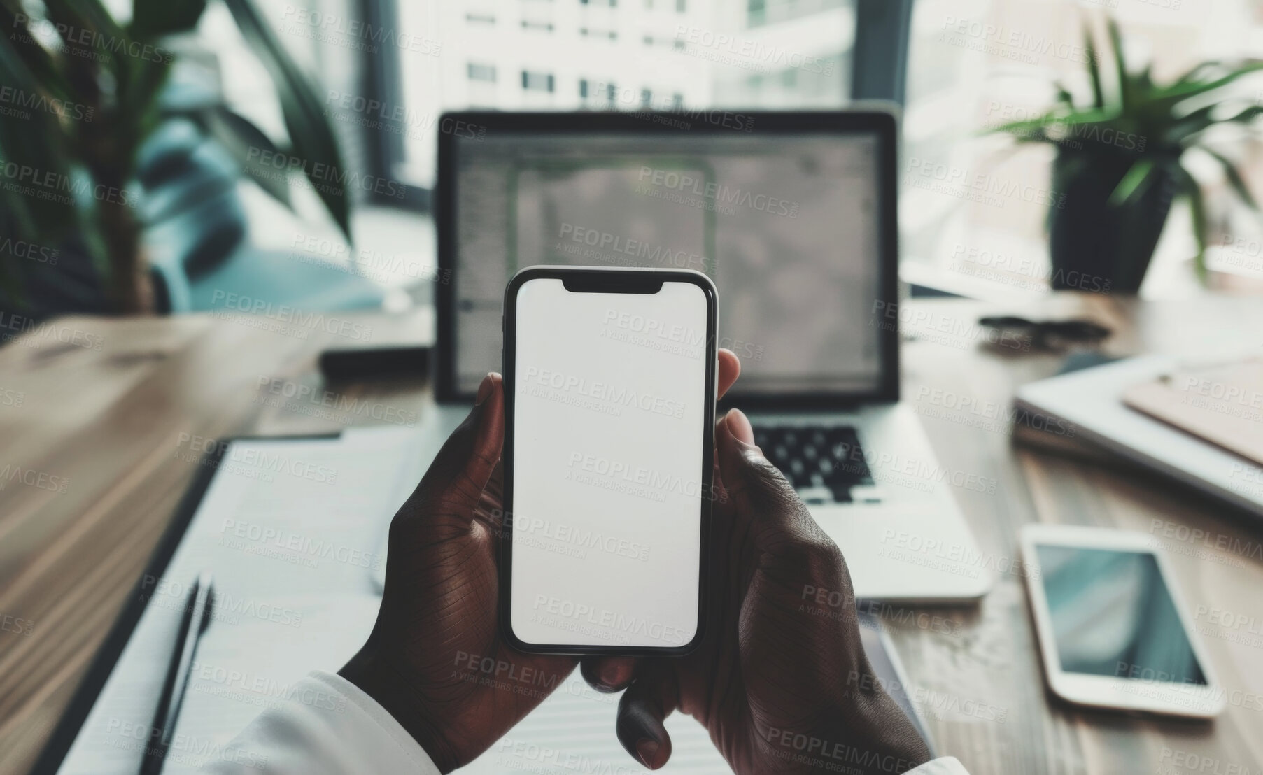 Buy stock photo Smartphone, hand and person typing an email or message for social media marketing, business or networking. Closeup, cellphone and blank screen mockup space for apps, content creation and research