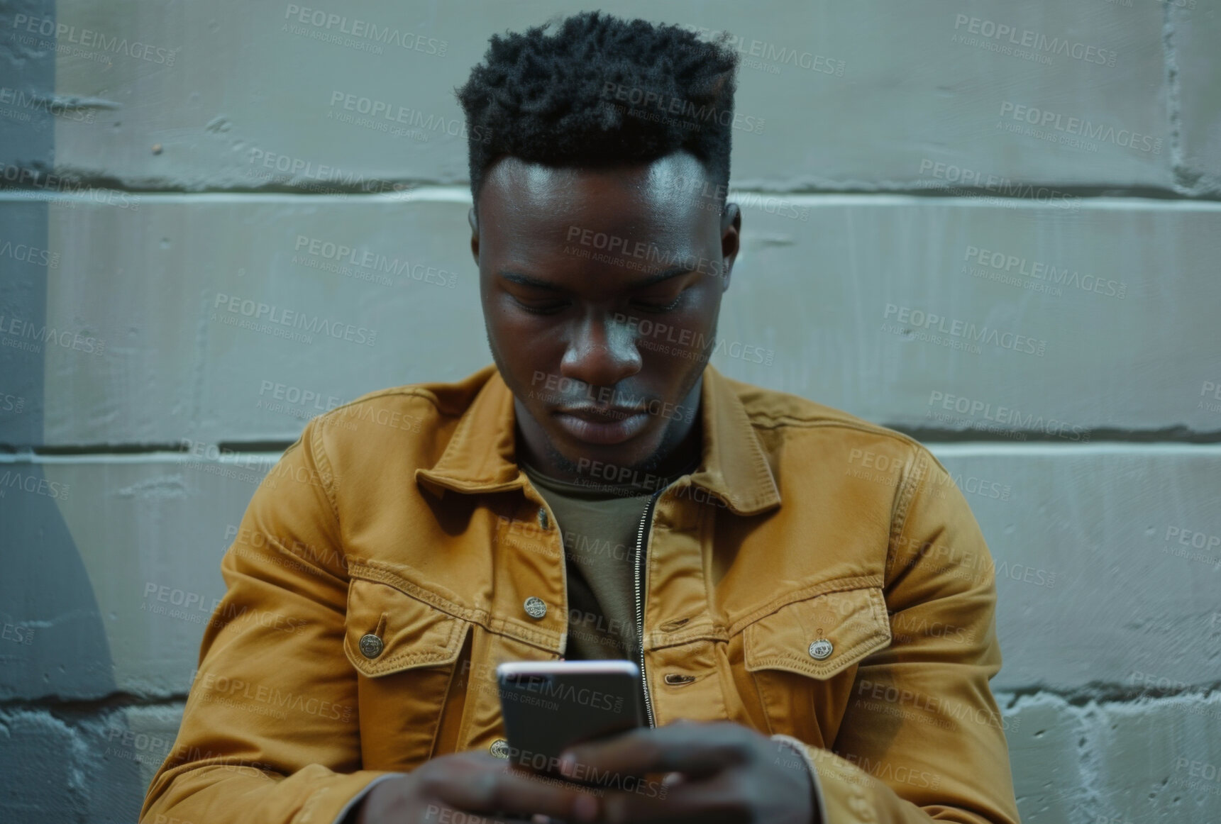 Buy stock photo Smartphone, city and young man typing a message for social media, travelling or networking. Carefree, young and American male texting friends for content creation and scrolling, application browsing