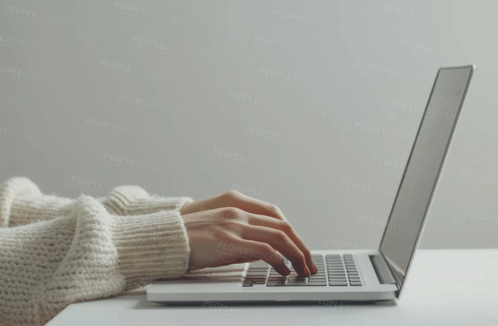 Buy stock photo Laptop, hand and person typing an email or message for social media marketing, business or networking. Closeup, computer and video call with friends or colleagues for content creation and research