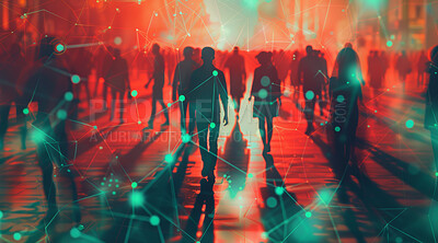 Group, people and crowd connected to wifi internet, big data and smart city. Silhouette, businesspeople and public network lines for communication, futuristic connection and marketing strategy