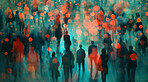 Group, people and crowd connected to wifi internet, big data and smart city. Silhouette, blurry bokeh and walking movement for communication, futuristic connection and business marketing strategy