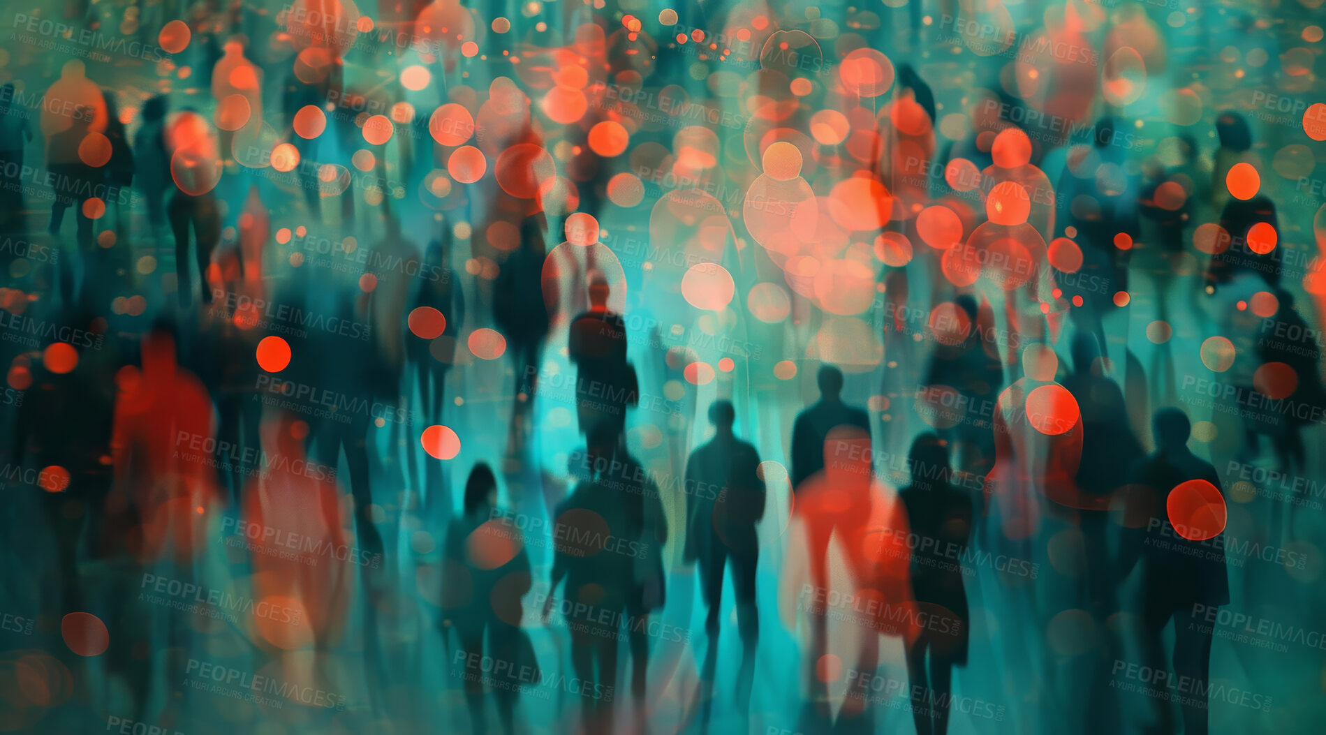 Buy stock photo Group, people and crowd connected to wifi internet, big data and smart city. Silhouette, blurry bokeh and walking movement for communication, futuristic connection and business marketing strategy