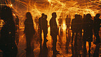 Group, people and crowd connected to wifi internet, big data and smart city. Silhouette, businesspeople and public network lines for communication, futuristic connection and marketing strategy