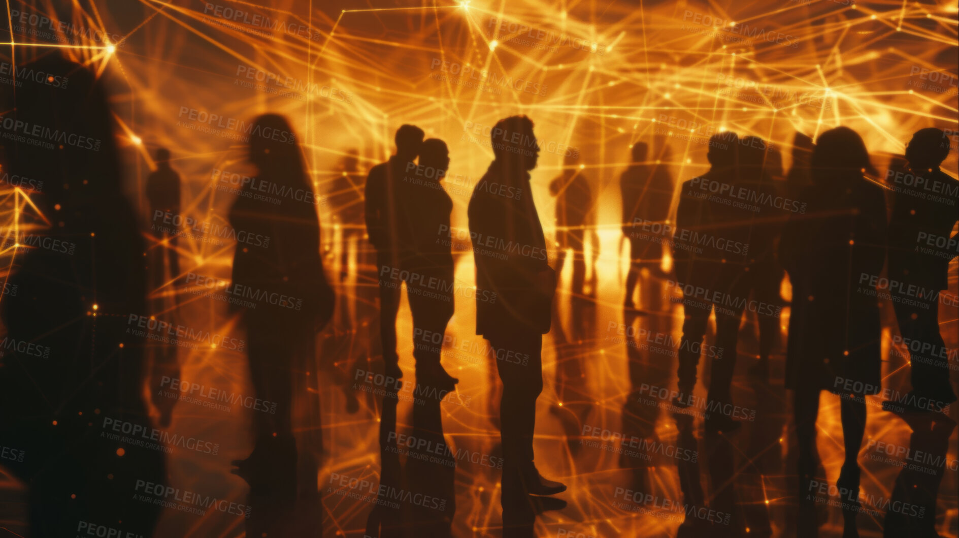 Buy stock photo Group, people and crowd connected to wifi internet, big data and smart city. Silhouette, businesspeople and public network lines for communication, futuristic connection and marketing strategy