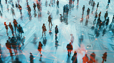 Group, people and crowd connected to wifi internet, big data and smart city. Silhouette, businesspeople and public network lines for communication, futuristic connection and marketing strategy