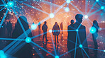 Group, people and crowd connected to wifi internet, big data and smart city. Silhouette, businesspeople and public network lines for communication, futuristic connection and marketing strategy