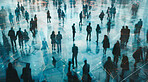 Group, people and crowd connected to wifi internet, big data and smart city. Silhouette, businesspeople and public network lines for communication, futuristic connection and marketing strategy