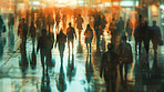 Group, people and crowd connected to wifi internet, big data and smart city. Silhouette, blurry bokeh and walking movement for communication, futuristic connection and business marketing strategy