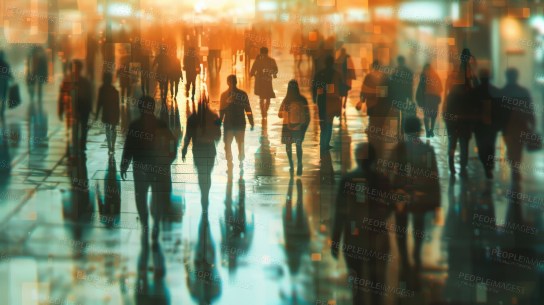 Buy stock photo Group, people and crowd connected to wifi internet, big data and smart city. Silhouette, blurry bokeh and walking movement for communication, futuristic connection and business marketing strategy