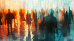 Group, people and crowd connected to wifi internet, big data and smart city. Silhouette, blurry bokeh and walking movement for communication, futuristic connection and business marketing strategy