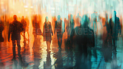 Group, people and crowd connected to wifi internet, big data and smart city. Silhouette, blurry bokeh and walking movement for communication, futuristic connection and business marketing strategy