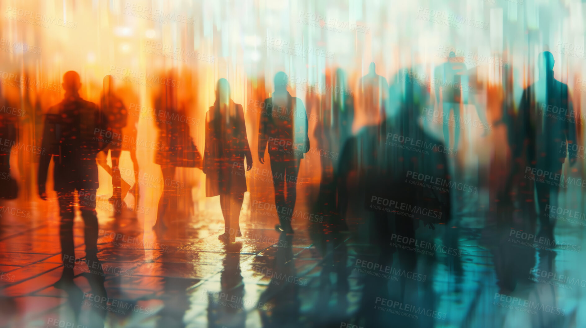 Buy stock photo Group, people and crowd connected to wifi internet, big data and smart city. Silhouette, blurry bokeh and walking movement for communication, futuristic connection and business marketing strategy