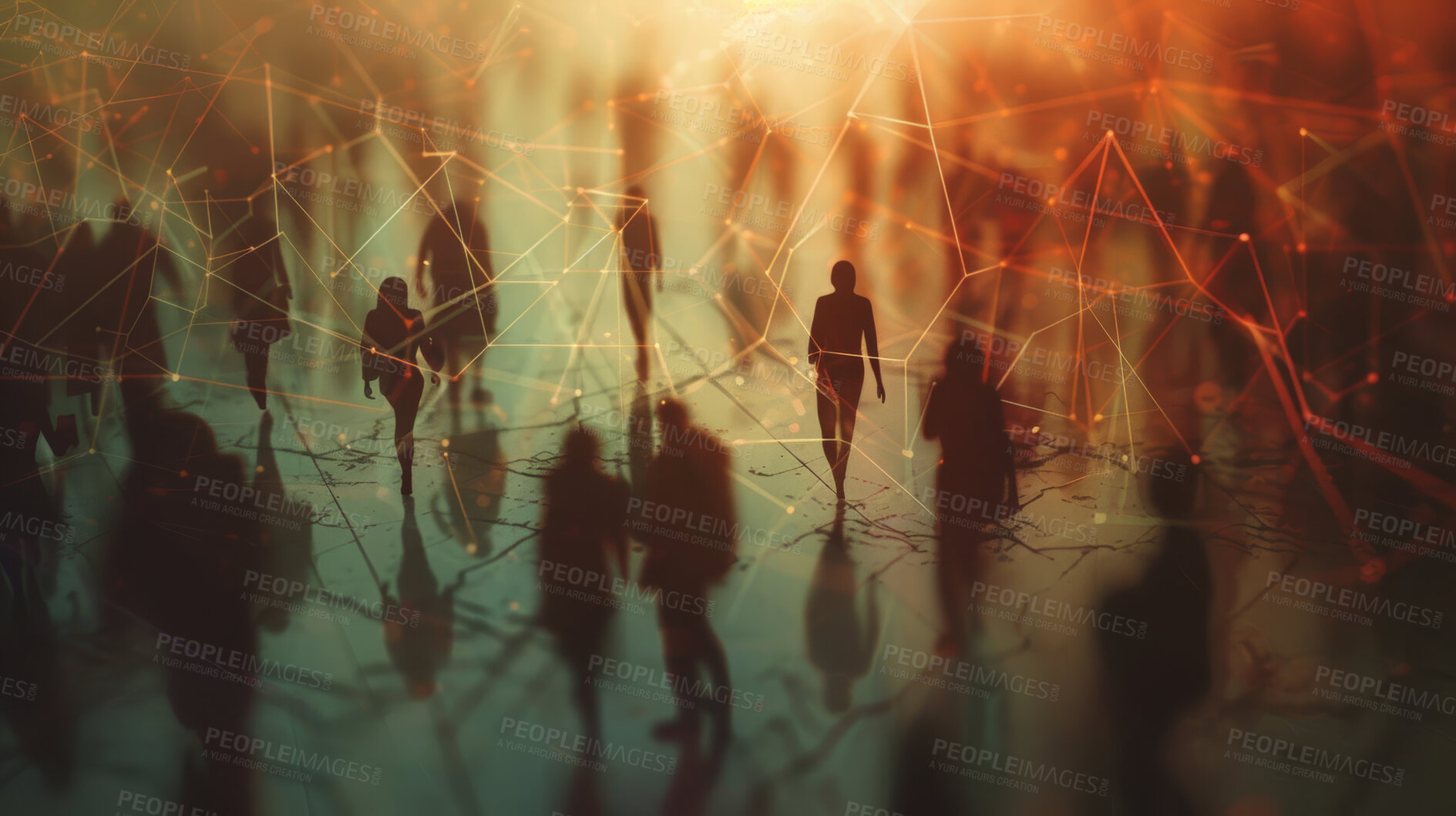 Buy stock photo Group, people and crowd connected to wifi internet, big data and smart city. Silhouette, businesspeople and public network lines for communication, futuristic connection and marketing strategy