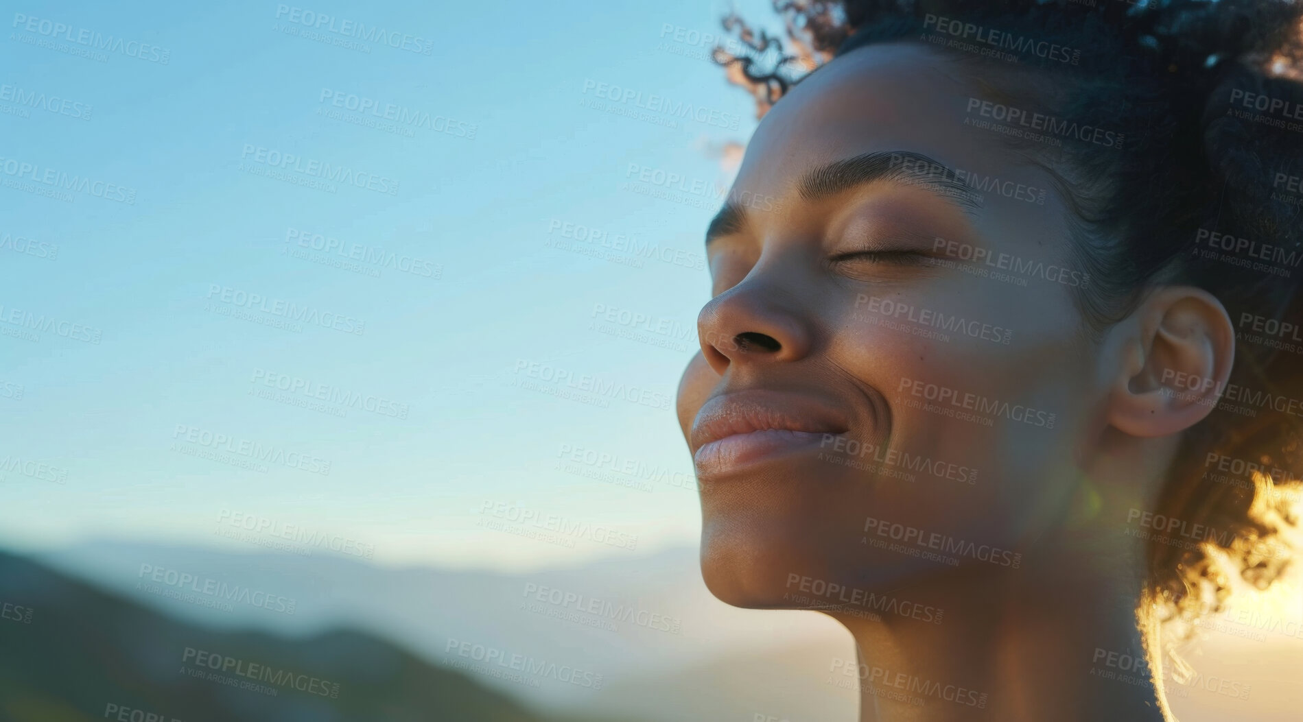 Buy stock photo Fitness, woman and breathing of fit person outdoor in nature, mountains and blue sky background for yoga wellness, meditation and zen. Closeup, female and breathing for peace, freedom and mindfulness