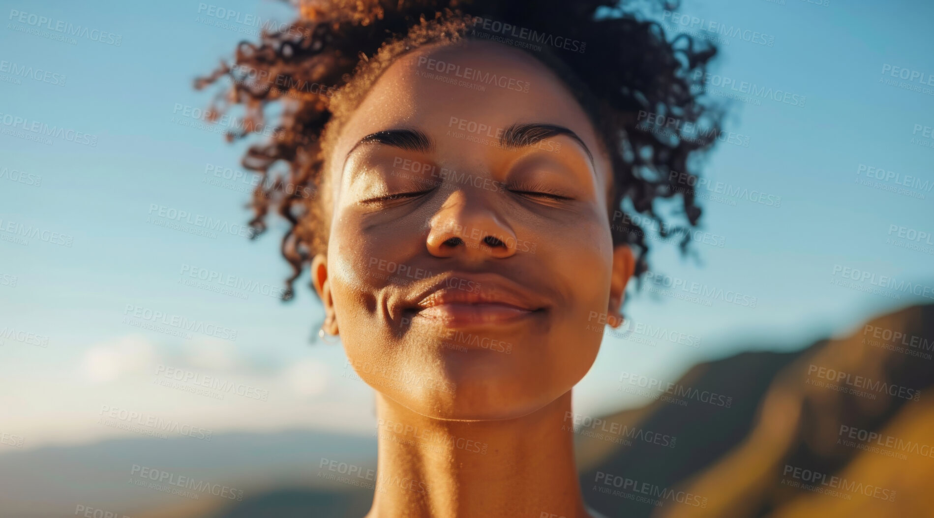 Buy stock photo Fitness, woman and breathing of fit person outdoor in nature, mountains and blue sky background for yoga wellness, meditation and zen. Closeup, female and breathing for peace, freedom and mindfulness