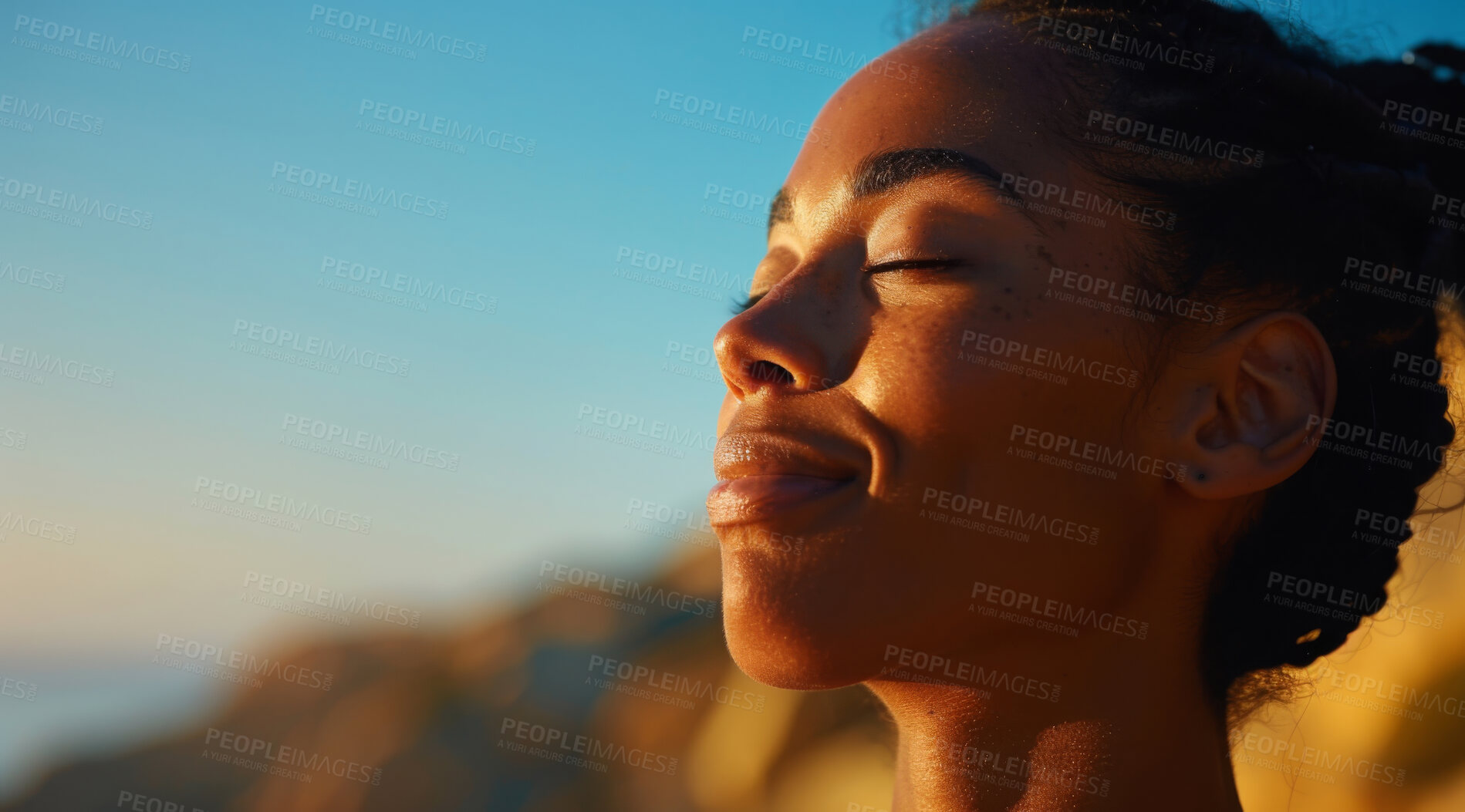 Buy stock photo Fitness, woman and breathing of fit person outdoor in nature, mountains and blue sky background for yoga wellness, meditation and zen. Closeup, female and breathing for peace, freedom and mindfulness