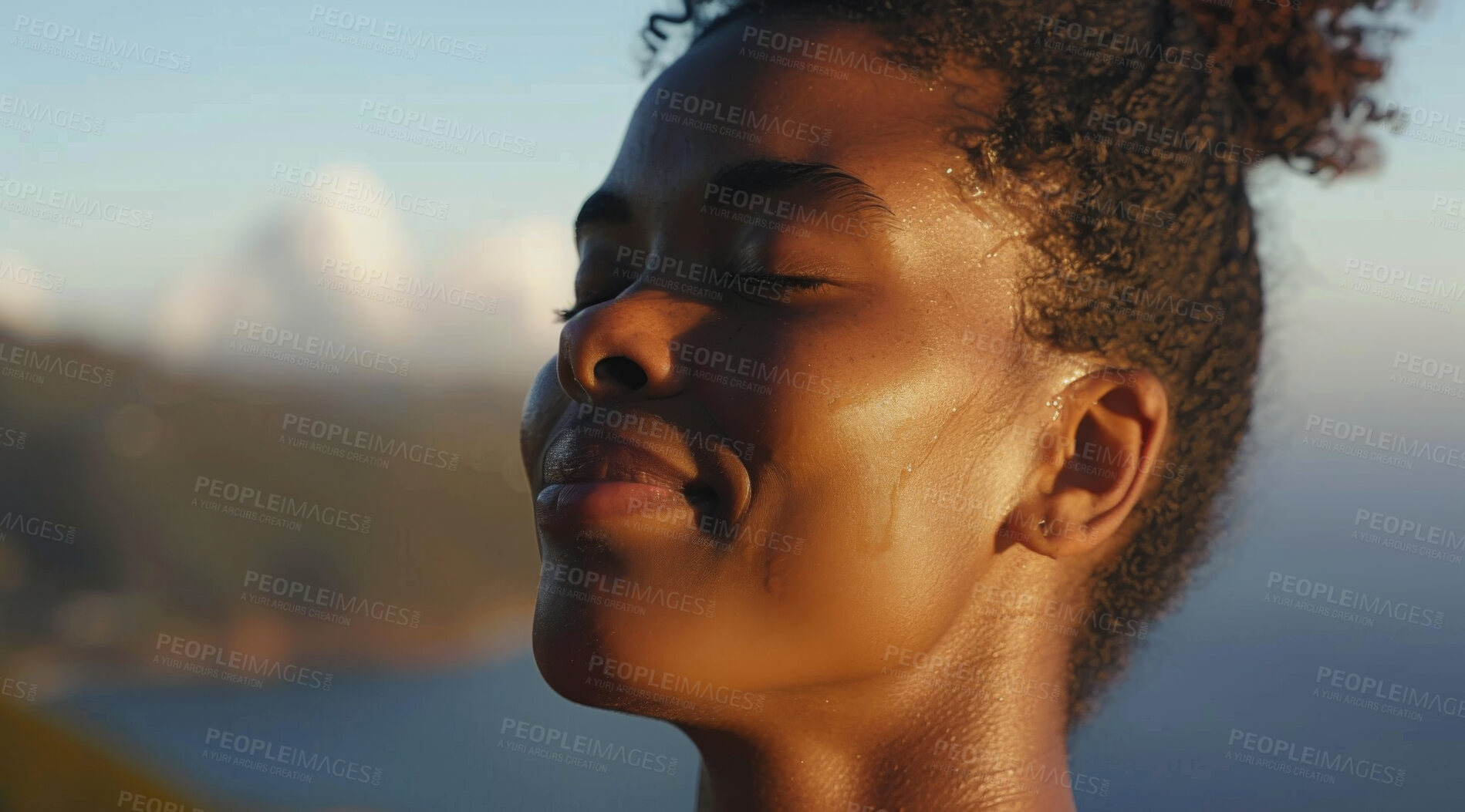 Buy stock photo Fitness, woman and breathing of fit person outdoor in nature, mountains and blue sky background for yoga wellness, meditation and zen. Closeup, female and breathing for peace, freedom and mindfulness