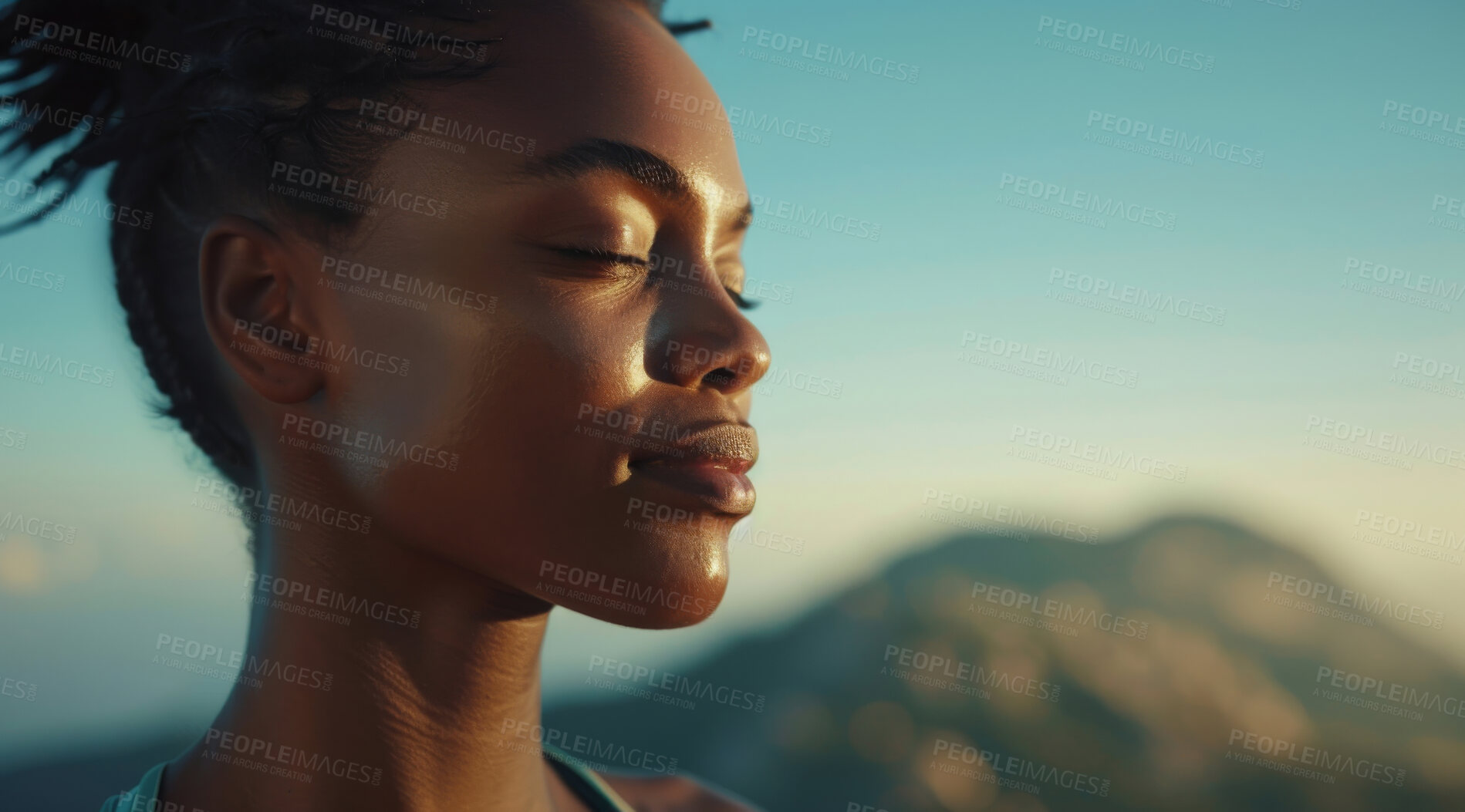 Buy stock photo Fitness, woman and breathing of fit person outdoor in nature, mountains and blue sky background for yoga wellness, meditation and zen. Closeup, female and breathing for peace, freedom and mindfulness