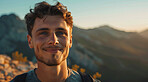 Fitness, man and breathing of fit person outdoor in nature, mountains and sunrise background for yoga wellness, meditation and zen. Closeup, male face and breathing for peace, freedom and mindfulness