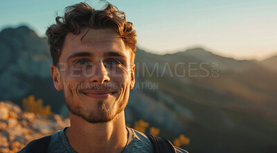 Fitness, man and breathing of fit person outdoor in nature, mountains and sunrise background for yoga wellness, meditation and zen. Closeup, male face and breathing for peace, freedom and mindfulness