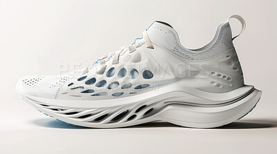 Sneakers, design or sport shoes on a white backdrop for gym workout, fitness and running. Modern design, futuristic and shoe technology for tracking heart rate, pulse and advertisement mockup
