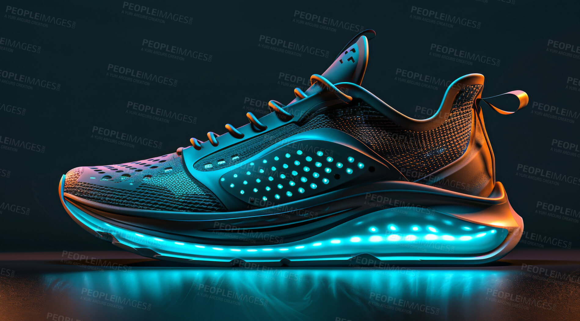 Buy stock photo Sneakers, design or sport shoes on a black backdrop for gym workout, fitness and running. Modern design, futuristic and shoe technology for tracking heart rate, pulse and advertisement mockup