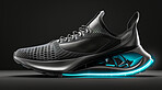 Sneakers, design or sport shoes on a black backdrop for gym workout, fitness and running. Modern design, futuristic and shoe technology for tracking heart rate, pulse and advertisement mockup