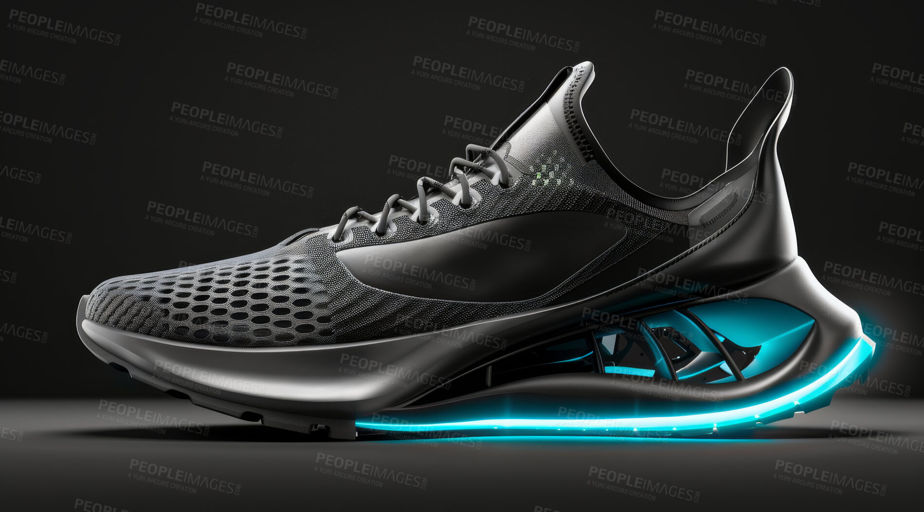 Buy stock photo Sneakers, design or sport shoes on a black backdrop for gym workout, fitness and running. Modern design, futuristic and shoe technology for tracking heart rate, pulse and advertisement mockup