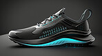 Sneakers, design or sport shoes on a black backdrop for gym workout, fitness and running. Modern design, futuristic and shoe technology for tracking heart rate, pulse and advertisement mockup