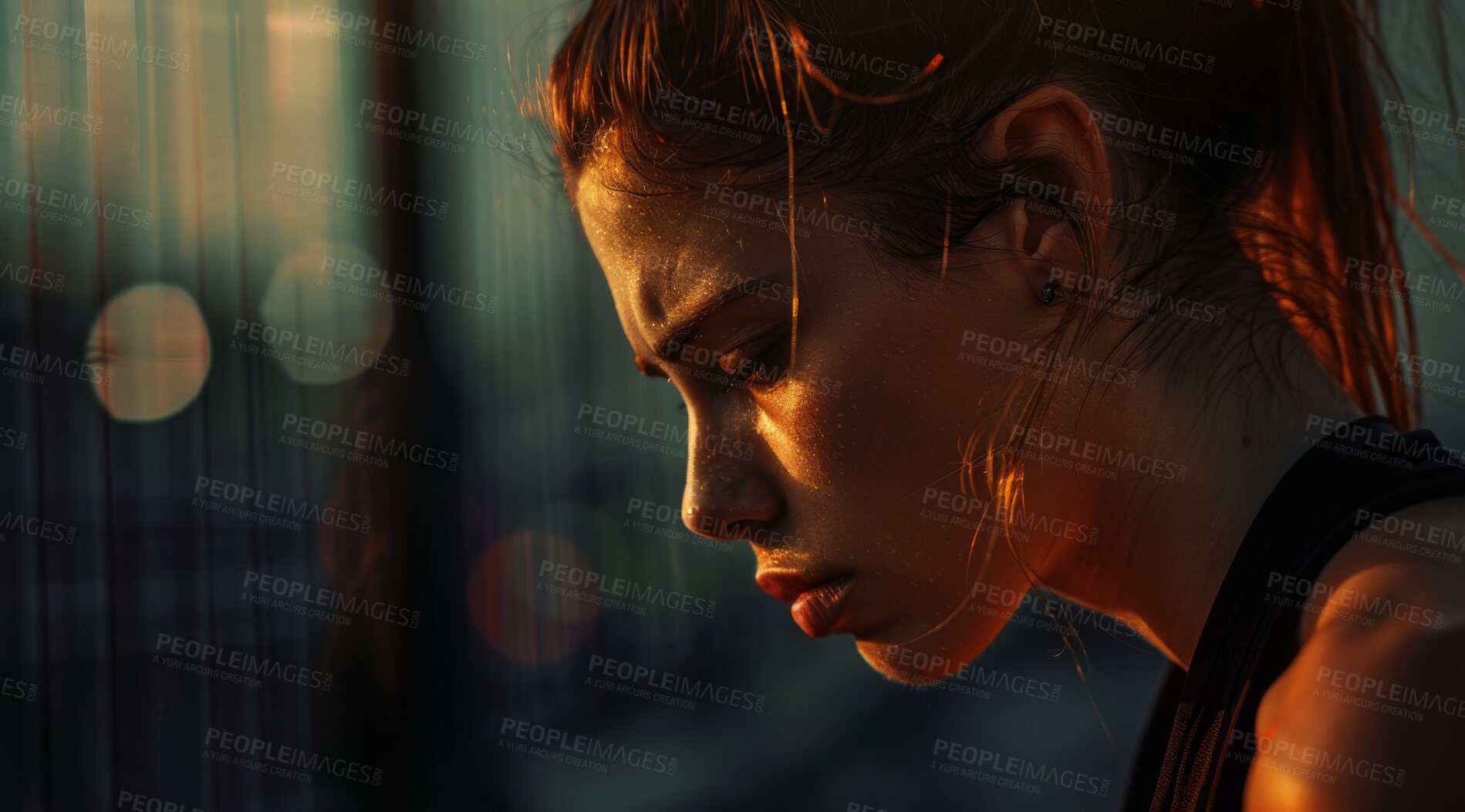 Buy stock photo Woman, breathe and athlete relax after an intense exercise in rain for fitness, workout or training. Fit female, sweat and exhausted person after cardio for mental health, wellbeing and motivation