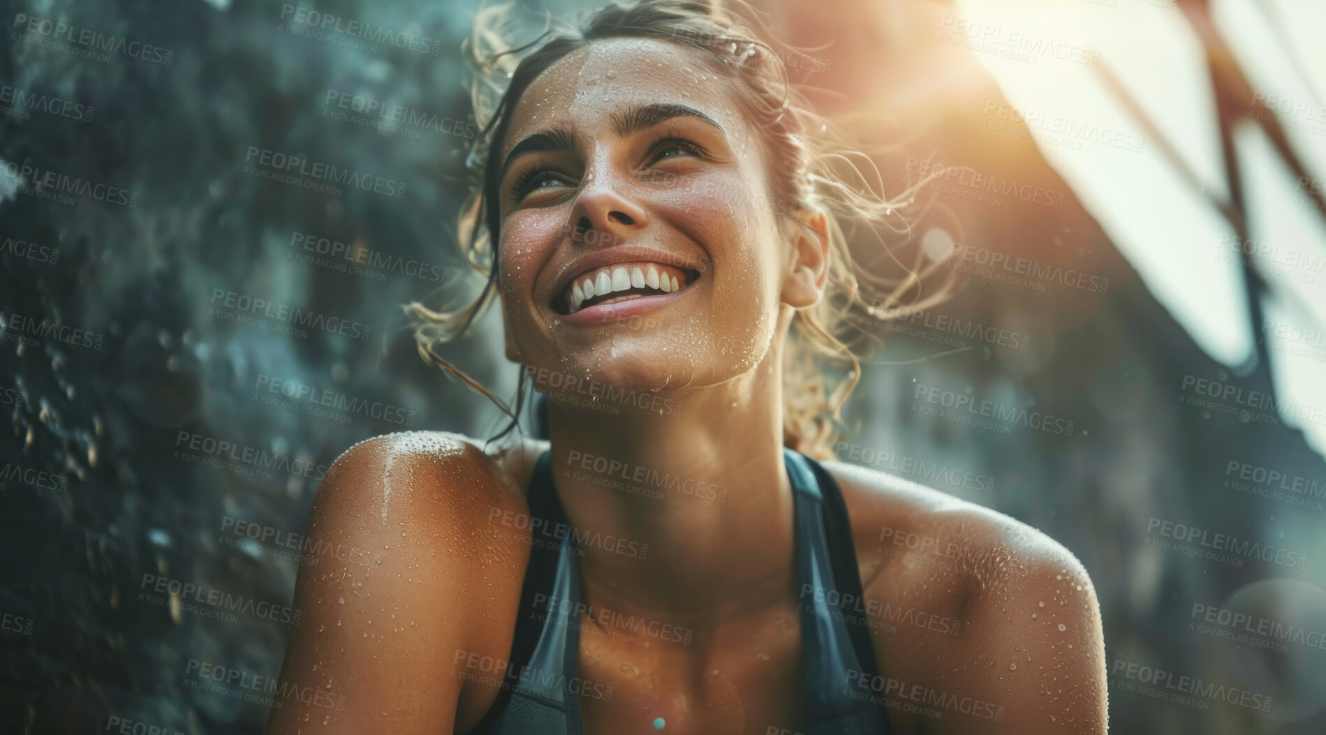 Buy stock photo Woman, breathe and break after an intense workout for exercise, training or fitness. Fit female, confident smile and happy laughter after an intense run for challenge, mental health and wellbeing