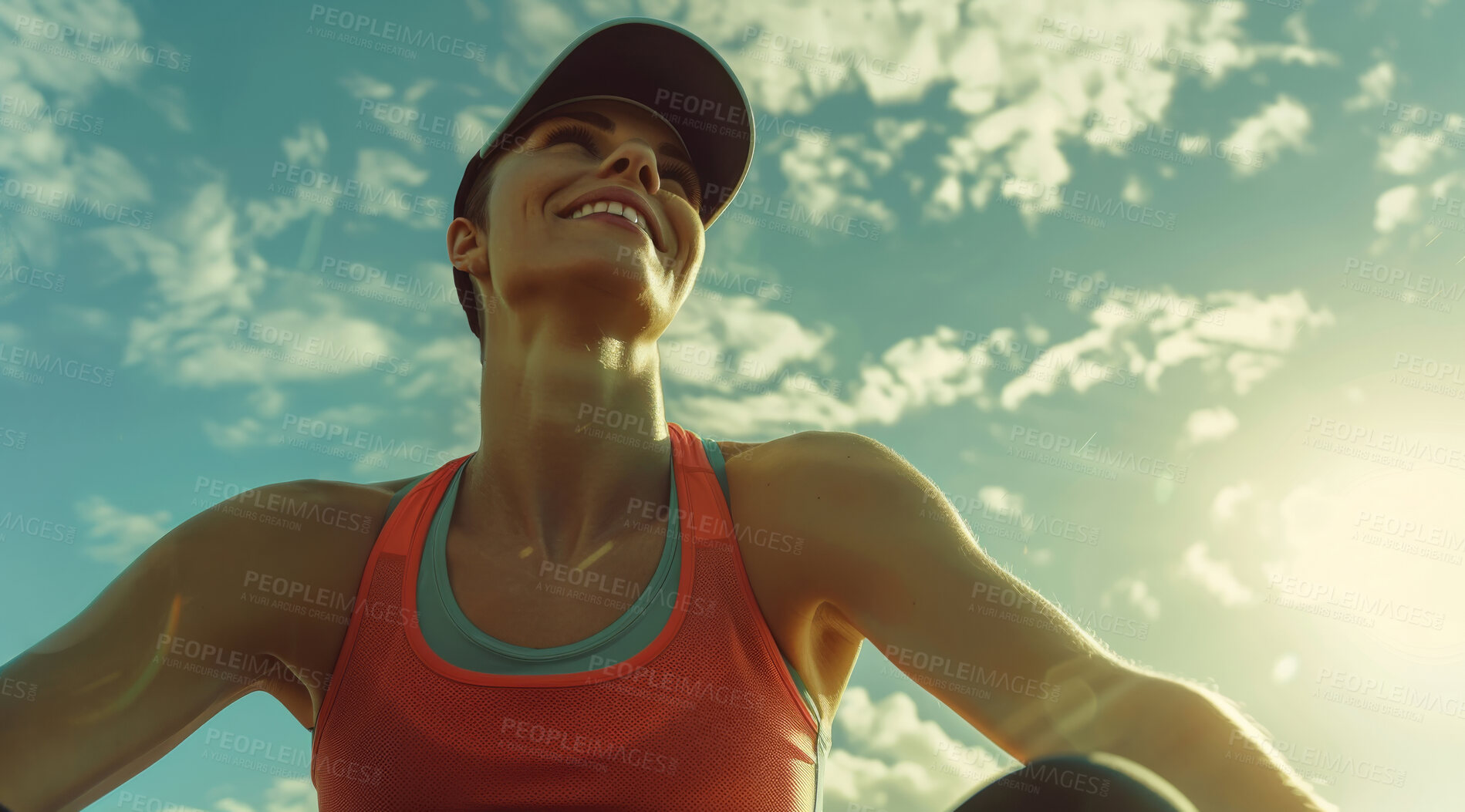 Buy stock photo Woman, breathe and break after an intense workout for exercise, training or fitness. Fit female, confident smile and happy laughter after an intense run for challenge, mental health and wellbeing