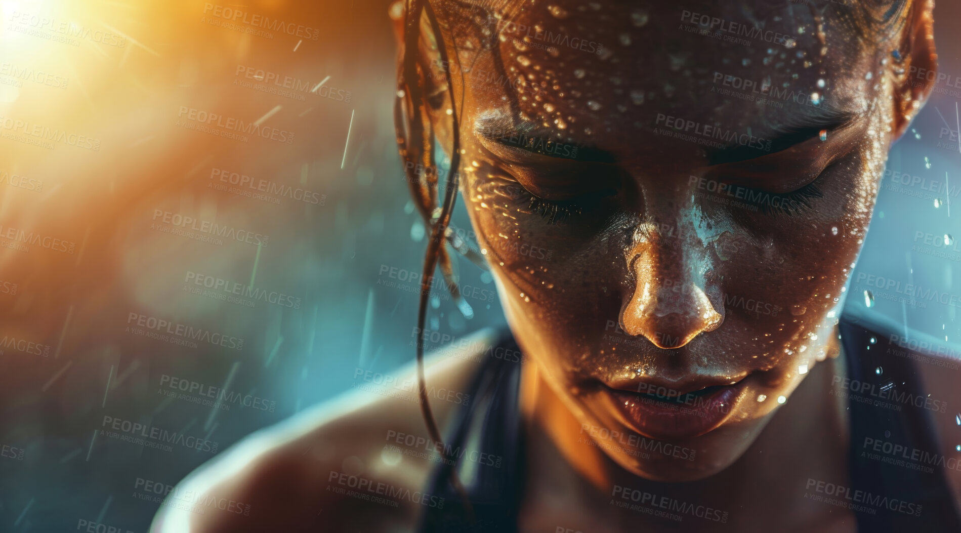 Buy stock photo Woman, breathe and athlete relax after an intense exercise in rain for fitness, workout or training. Fit female, sweat and exhausted person after cardio for mental health, wellbeing and motivation