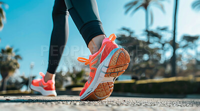 Female, running and athlete exercise in the morning for marathon competition, training or jogging workout alone. Low angle, sunrise and sport woman shoes mockup for challenge, technology or fitness