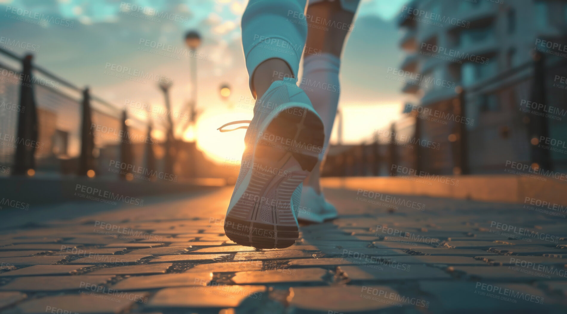 Buy stock photo Female, running and athlete exercise in the morning for marathon competition, training or jogging workout alone. Low angle, sunrise and sport woman shoes mockup for challenge, technology or fitness