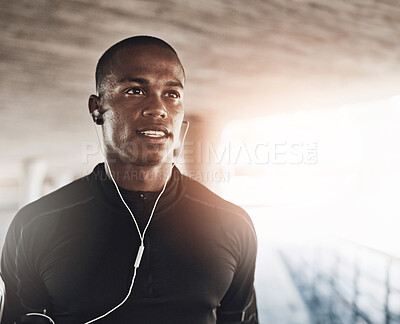 Buy stock photo Man, face and music for fitness outdoor with thinking, listening to podcast and exercise for healthy body. Athlete, african person and earphones with audio, radio and sound for workout and training