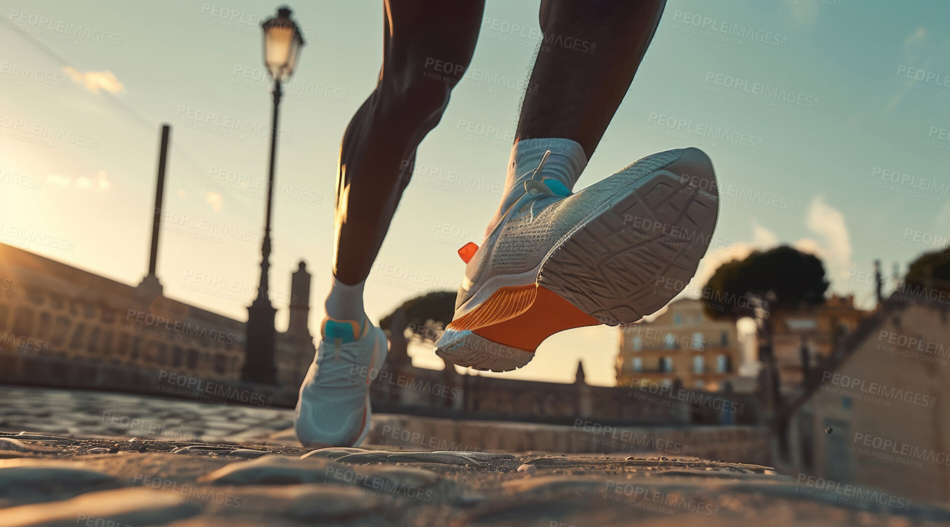 Buy stock photo Male, running and athlete exercise in the morning for marathon competition, training or jogging workout alone. Low angle, sunrise and sport man shoes mockup for challenge, technology or fitness