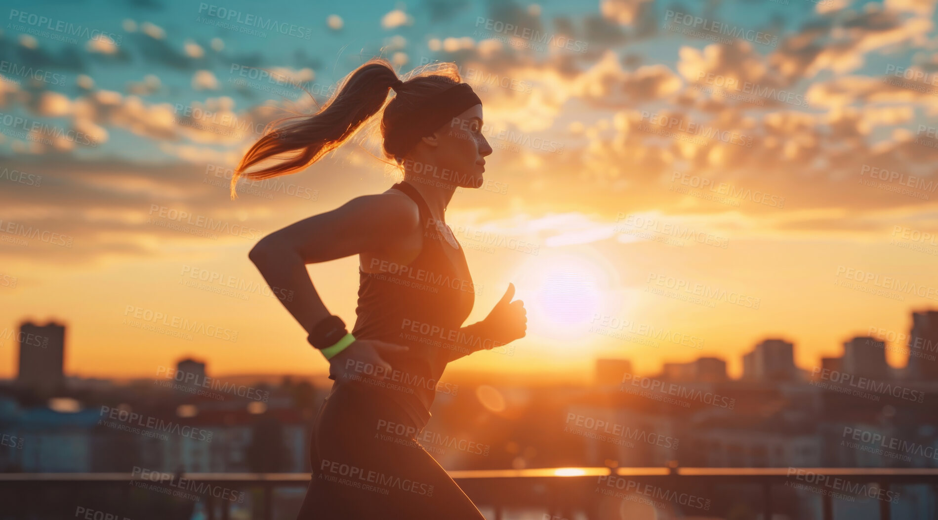 Buy stock photo Woman, running and athlete on a morning run in the city for training, fitness and workout. Confident, determined and focused female jogging at sunrise for marathon training, competition or exercise