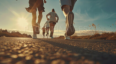 Group, running and athlete exercise on an open road for marathon competition, training or jogging workout together. Low angle, sunrise and sport shoes mockup for challenge, activity or team support