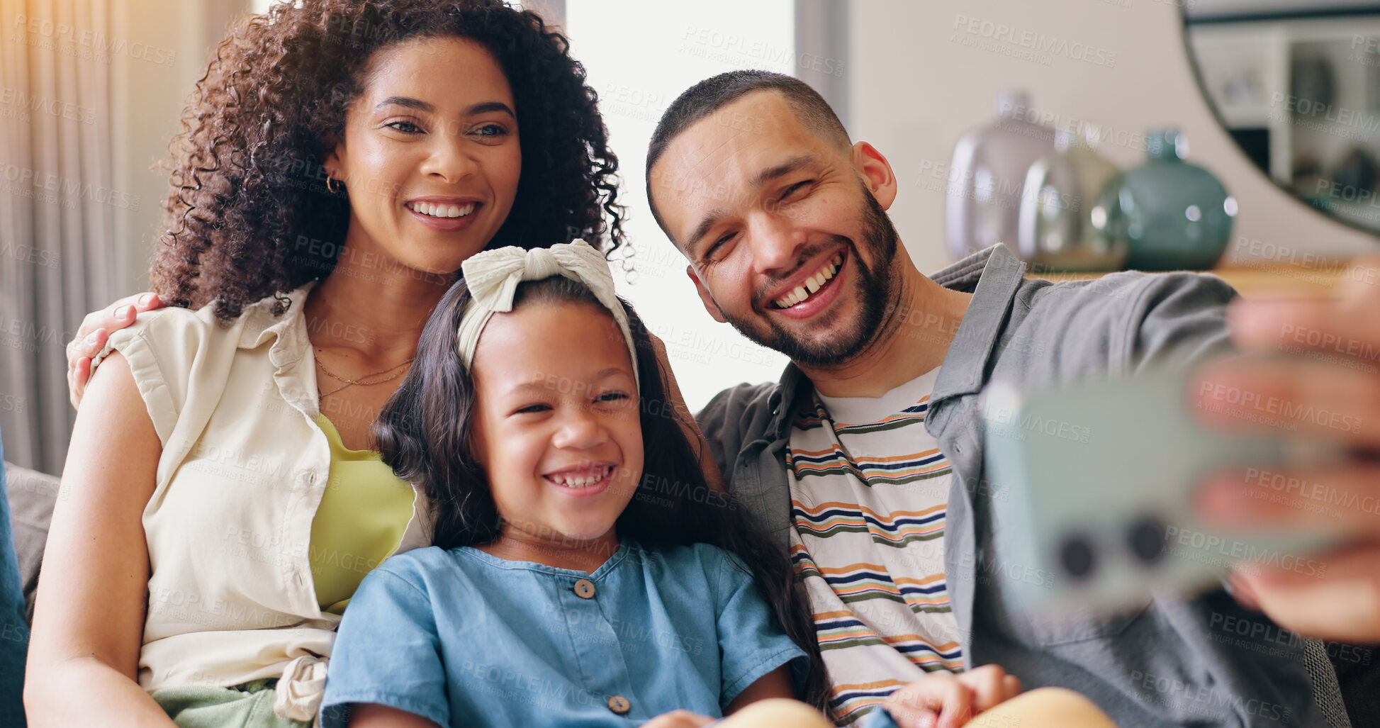 Buy stock photo Funny selfie of parents, kid and sofa with smile, love and bonding memory together in living room of home. Happy family with father, mother and daughter on couch, relax or silly photography in lounge