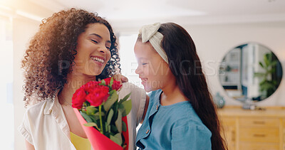 Girl, child and flowers for mothers day in home with hug, present and hug with bonding, love and care. Person, mom and daughter with red roses, bouquet and gift for gratitude, happy in family house