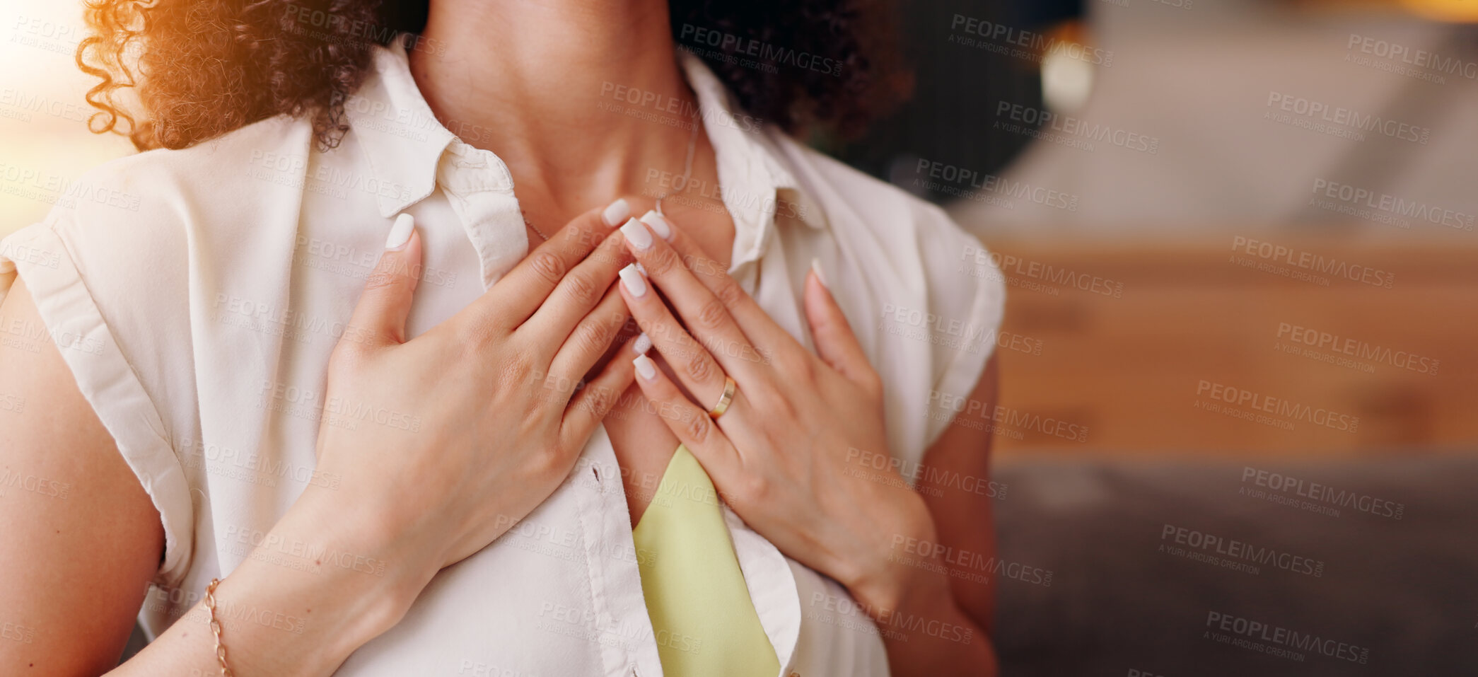 Buy stock photo Person, hand and chest pain or heart health from stress or anxiety for wellness, anatomy or reflux. Lungs, inflammation and grip in home for indigestion pressure for fail sick care, breathe or virus